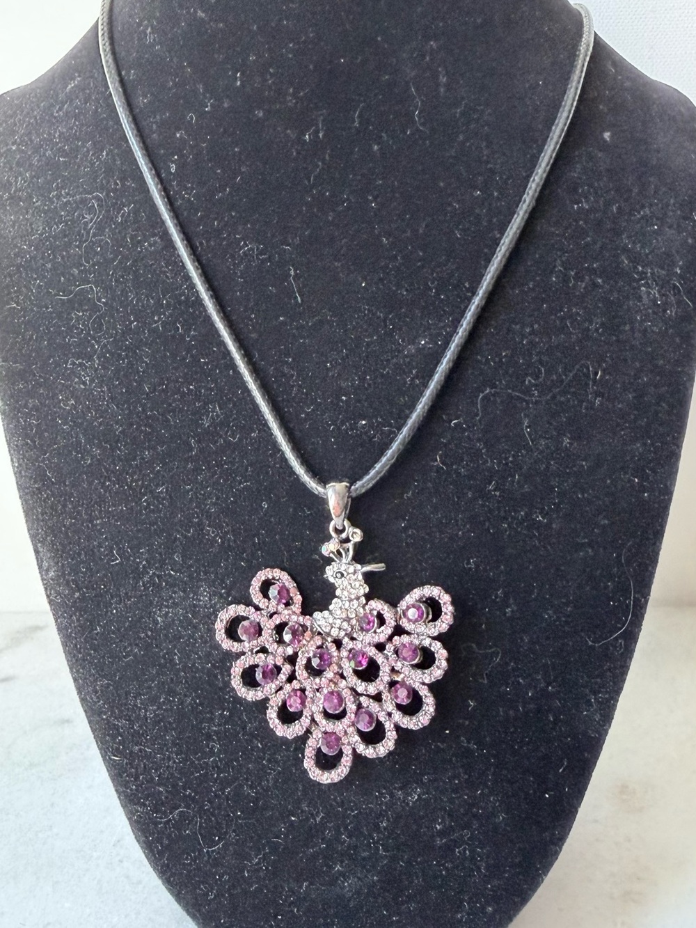 Sparkly Magenta Crystal Peacock Animal Pendant on Black Cord